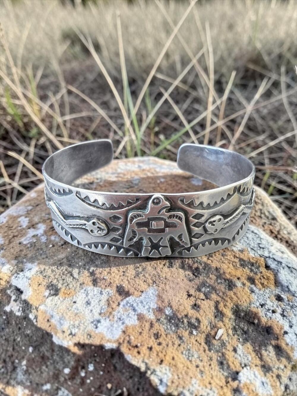 Fred Harvey Era Navajo Sterling Silver Wide Cuff Bracelet Raised Relief Motif